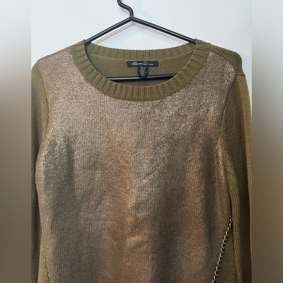 Kenneth Cole Olive Green Bronze Metallic Merino Wool Blend Knit Chain Sweater S - Picture 3 of 13